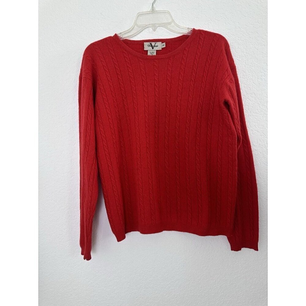 Verrazano Women Sweater Cable Knit Pullover M 100% Cashmere Red Christmas Cheer